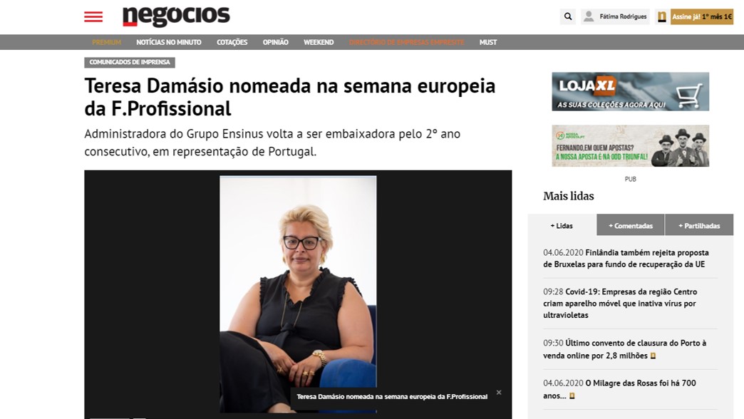 Negócios: Teresa Damásio nomeada na semana europeia da F. Profissional Negócios: Teresa Damásio nomeada na semana europeia da F. Profissional