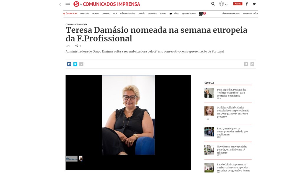 Sábado: Teresa Damásio nomeada na semana europeia da F. Profissional